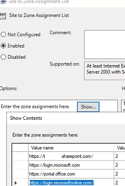 Configure Site to Zone Assignment List policy, add SharePoint URLs