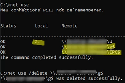 Delete mapped drive with net use command