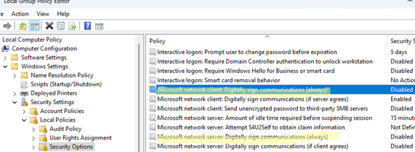 GPO: Microsoft network client: Digitally sign SMB communication 