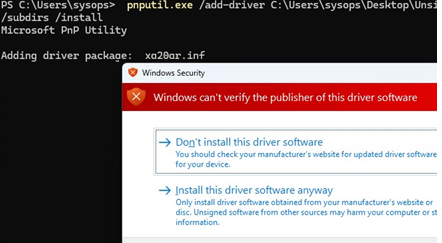 Installing unsigned device drivers on Windows