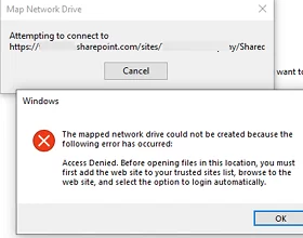 mapped network drive could not be created, add the web site to your trusted site list