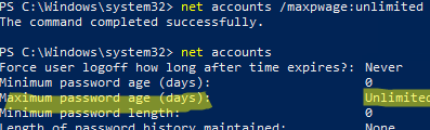 set unlimited maximum users' password age on windows 