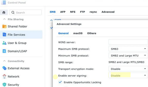 Synology DSM NAS - enable SMB signing 