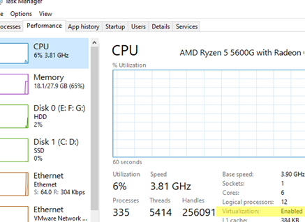 Check if hardware Virtualization in enabled using the Task Manager