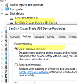 Default media removal policy in Windows 10 and 11 is Quick removal