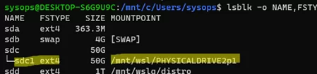 lsblk - view connected partitions and filesystems in wsl2
