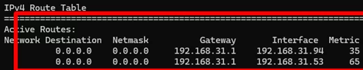 print routing table and network interface metrics