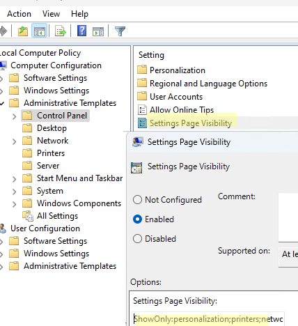 Settings Page Visibility option in Group Policy 