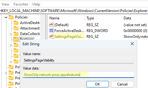 SettingsPageVisibility via registry