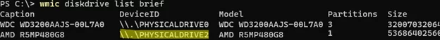 wmic diskdrive list brief - list connected physical drives