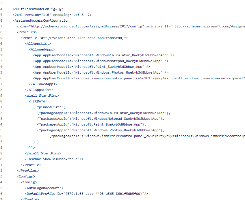 PowerShell script with custom XML settings for Multi-App Kiosk Mode on Windows (Assigned Access configuration kiosk XML reference)