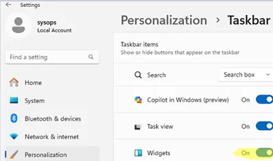 Remove Widgets icon from taskbar on Windows 11