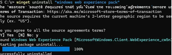 Uninstall widget app (Windows Web Experience Pack) using winget 