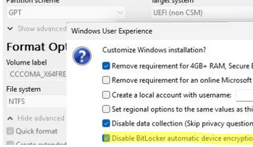 Rufus option 'Disable BitLocker automatic device encryption' 