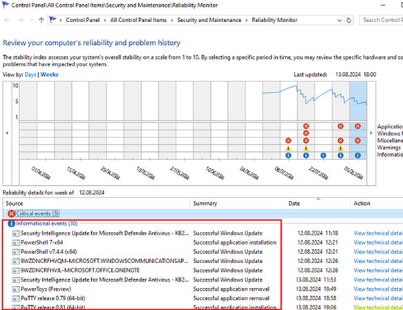 View software installation events in reliability history 