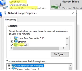 Add loopback adapter to bridge on Windows