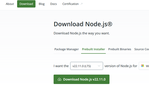 Download the node.js installer for Windows