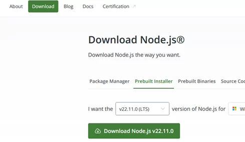 Download the node.js installer for Windows