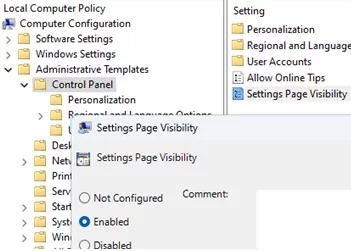 GPO option: Settings page visibility 