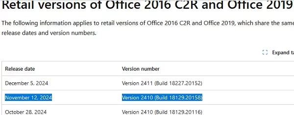 Microsoft Office version history table