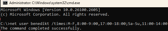 net use /times: restrict local user login hours