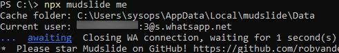 npx mudslide me - check WhatsApp authentication status