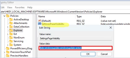 Settings Page Visibility Hide Windows Update