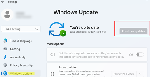 Windows 11 'Check For Update' button is greyed out