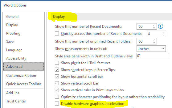 Word /Excel option Disable hardware graphics acceleration