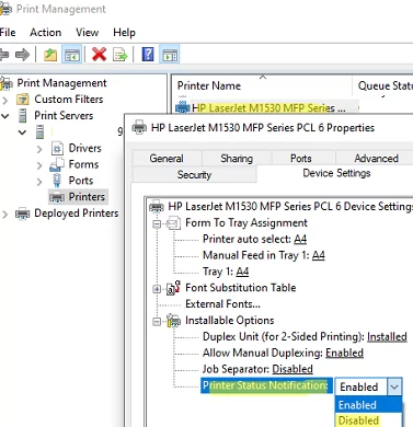 Disable 'Printer Status Notifications' in HP printer driver settings