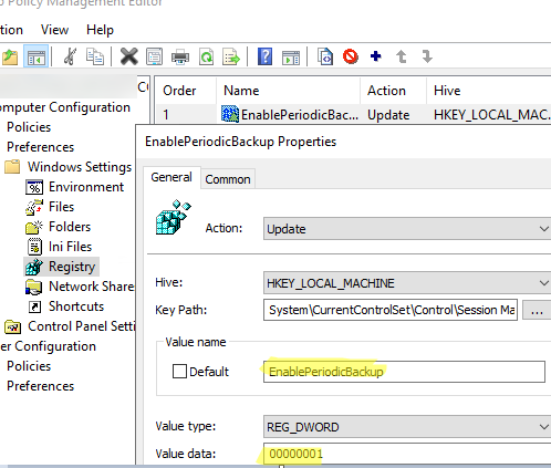 Enable automatic registry backup on Windows computers in domain via GPO