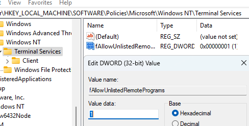 fAllowUnlistedRemotePrograms: enable RemoteApp hosting in Windows 11