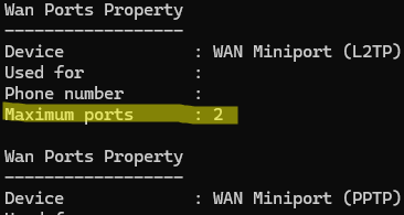 netsh ras show wanports: the maximum number of ports for each type of WAN Minport (SSTP, IKEv2, L2TP, PPTP) 