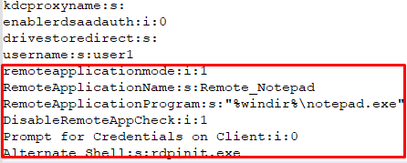 RDP file settings for a RemoteApp in Windows 