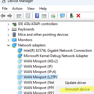 Remove virtual WAN Miniport adapter for target VPN connection type