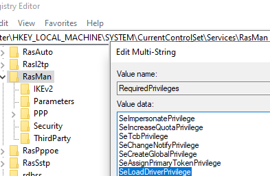 SeLoadDriverPrivilege for Remote Access Connection Manager (RasMan) service 