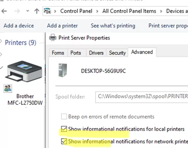 Turn off printer notification in print server properties