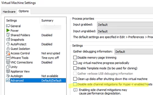 Disable side channel mitigations for Hyper-V enabled hosts 