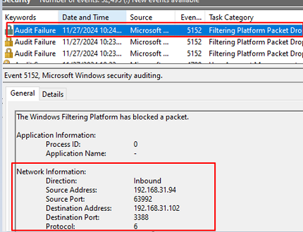 Event Viewer: Filtering Platform Packet Drop events contain firewall logs