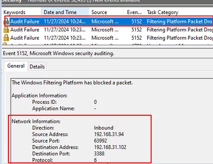 Event Viewer: Filtering Platform Packet Drop events contain firewall logs