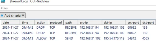 Filtering Windows firewall logs with Out-GridView
