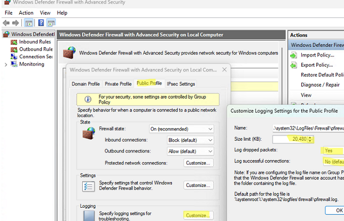 Windows Firewall enable logging