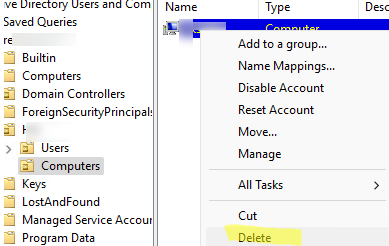 Delete existing computer object from AD