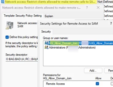 Domain controller GPO: Network access: Restrict clients allowed to make remote calls to SAM