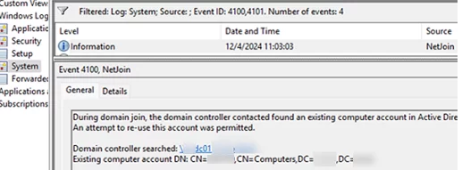 Event ID 4100: During domain join, the domain controller contacted found an existing computer account in Active Directory with the same name.