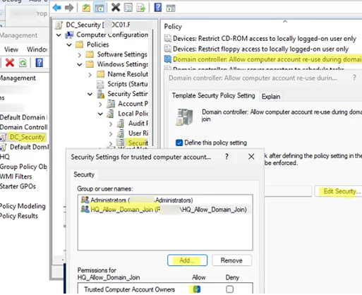 GPO: Domain controller: Allow computer account re-use during domain join