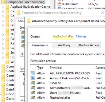 HKLM Component Based Servicing key - take ownership and grant permissions