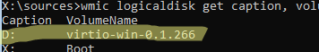 wmic logicaldisk get caption, volumename - check drive letters in WinPE