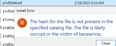 cant install INF driver hash for the file is not present 