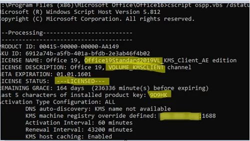 cscript ospp.vbs /dstatus - check Office activation status cmd